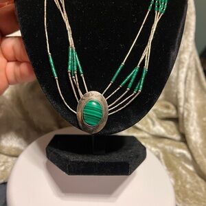 Elegant sterling silver vintage Green malachite /Beaded Necklace